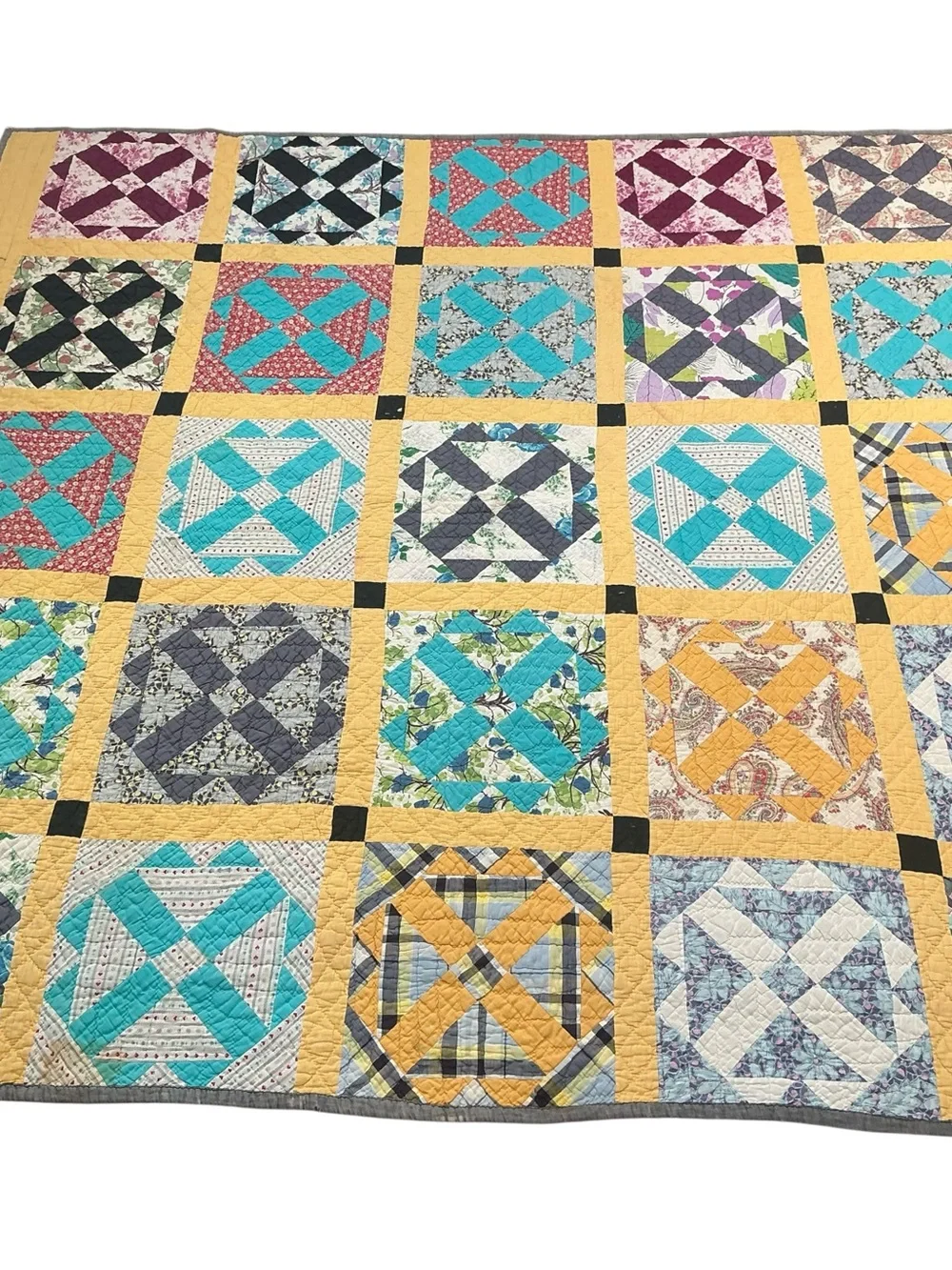 Vintage hand stitched colorful propeller pattern yellow sash quilt 70 x 80 USA